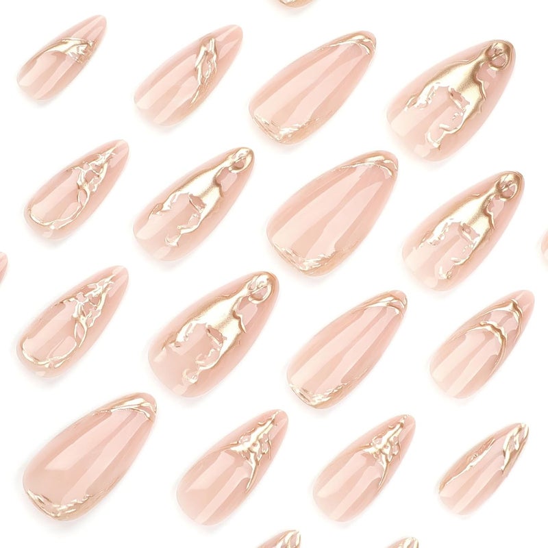 SINHOT Stiletto Glue on Nails - Long, Almond Artificial Nails with Marble Ombre, 3D Gold Chrome Design - 24 pcs - Image 4